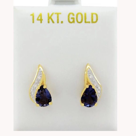 Genuine 2.26 Cts Tanzanite & Diamond Stud Earrings 14K Gold